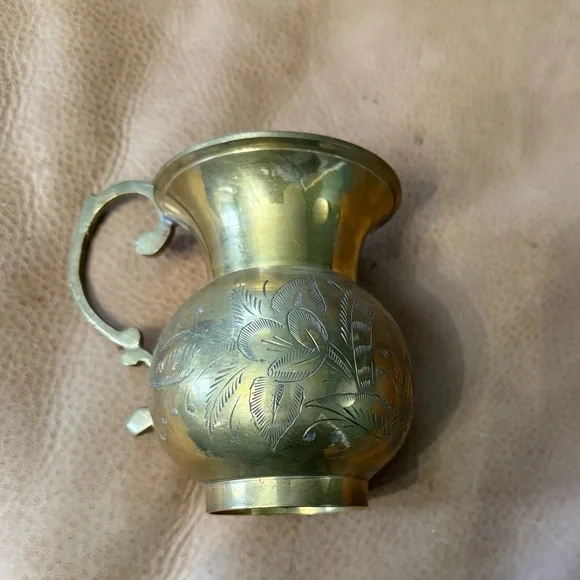 Vintage Etched Solid Brass Pitcher 5” Tall Floral Pattern - Picture 5 of 7